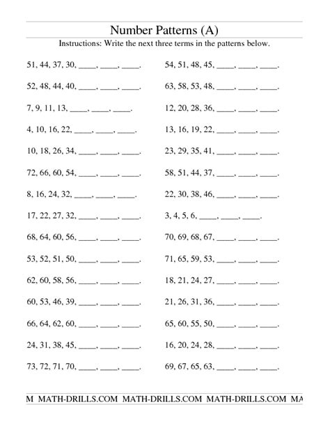 number patterns worksheets grade 6 with answers