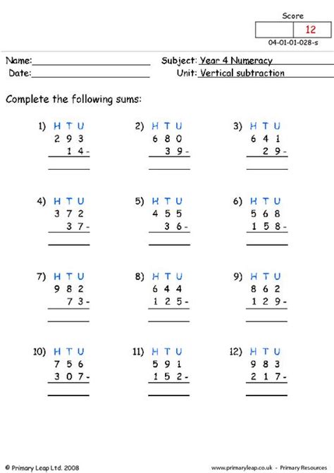 Numeracy Vertical Subtraction Worksheet Primaryleap Co Uk Subtraction Vocab - Subtraction Vocab