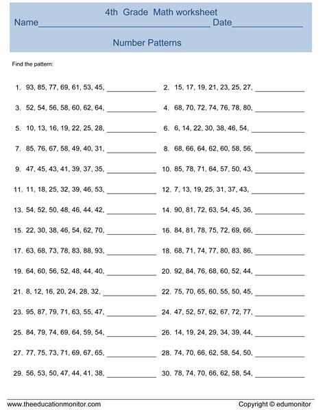 Numeric Patterns 4th Grade   Free Printable Number Patterns Worksheets For 4th Grade - Numeric Patterns 4th Grade
