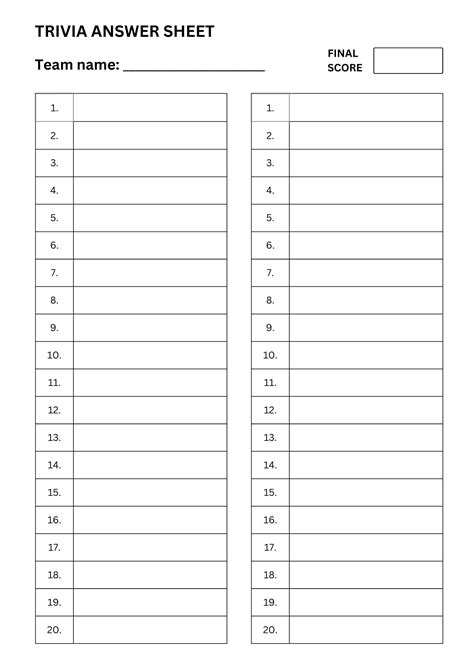 Numerical Response Answer Sheet Template