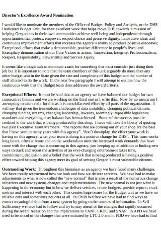 nurse excellence award nomination sample letter