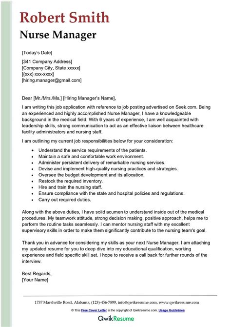 nurse manager cover letter sample