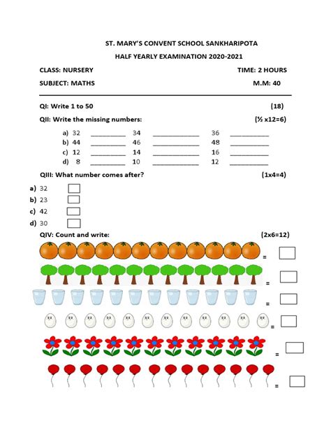 Nursery Class Nursery Maths Question Paper