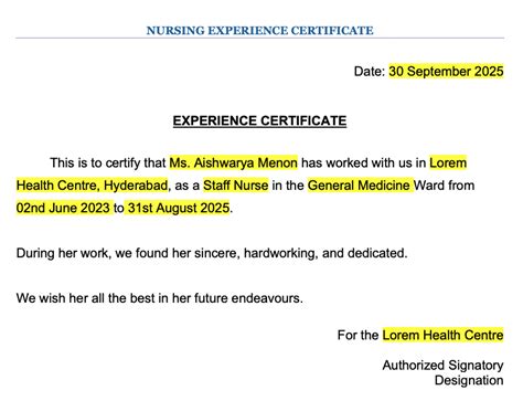 Nursing Experience Certificate