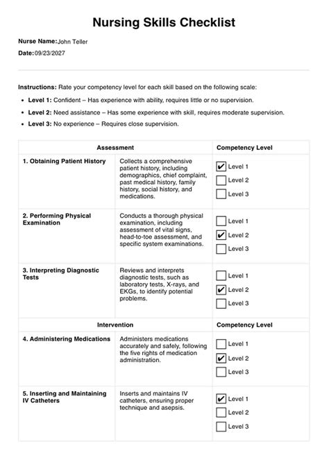 Nursing Skill Assessment Checklist