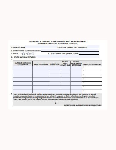 nursing staffing assignment and sign in sheet