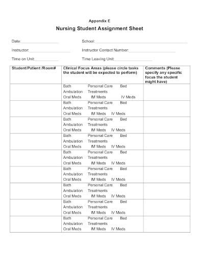 nursing student clinical assignment sheet templates