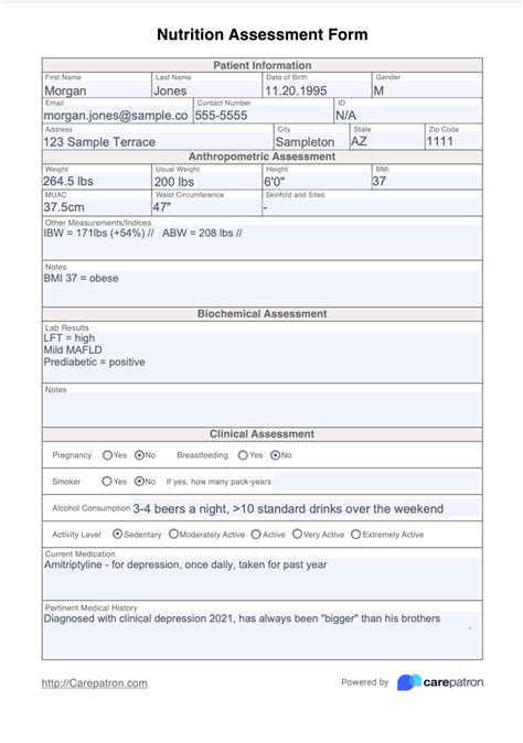 nutrition assessment form sample
