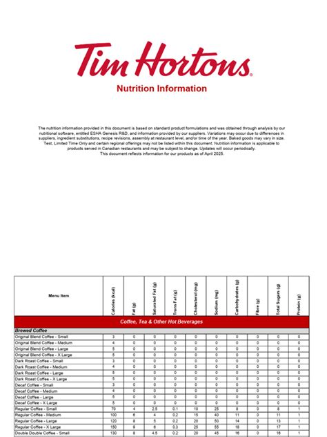 Nutritional Information Tim Hortons