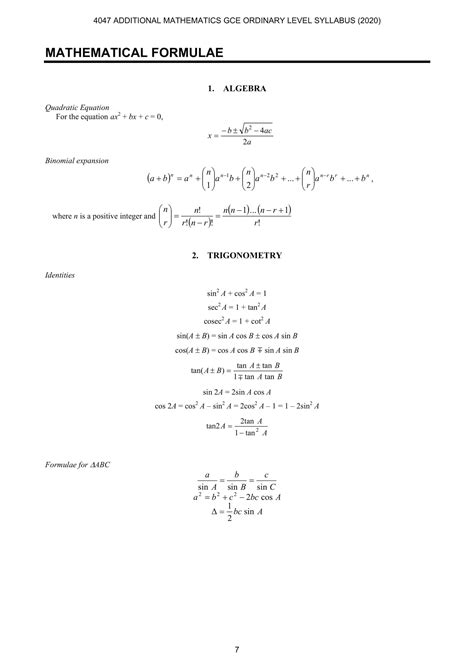 Read O Level Maths Formula Sheet 