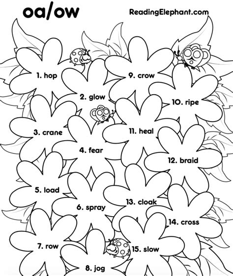 Oa Ow Worksheets Flower Coloring Activity Reading Elephant Oa Words Worksheet - Oa Words Worksheet
