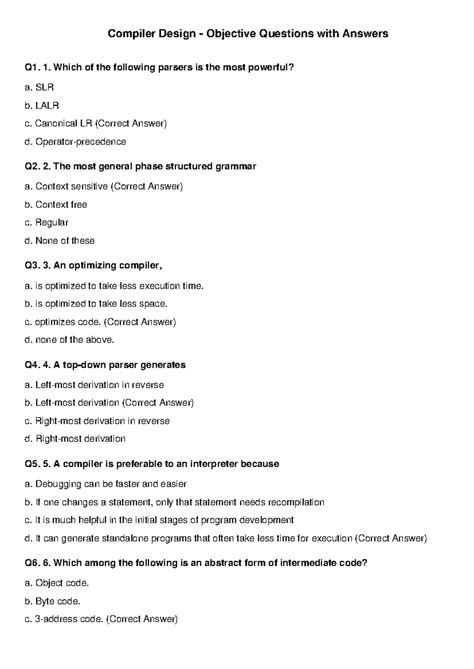 objective type questions compiler design