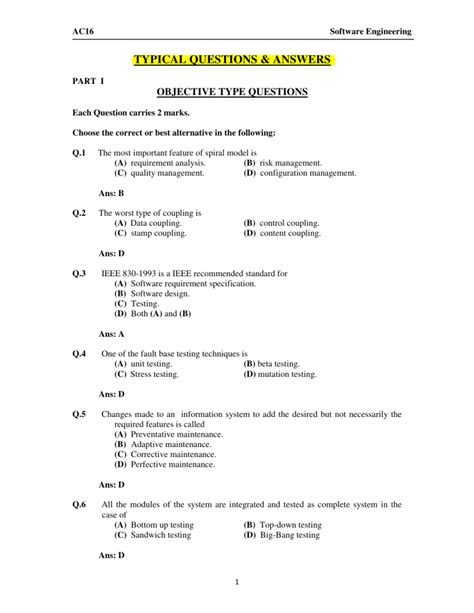 Read Objective Type Questions And Answers In Software Engineering 
