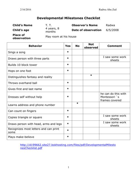 observation checklist for child development
