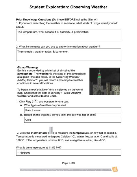 Observing Weather Gizmo Answer Key Quizlet