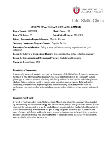 occupational therapy discharge summary example