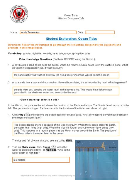 Ocean Tides Gizmo Answer Key