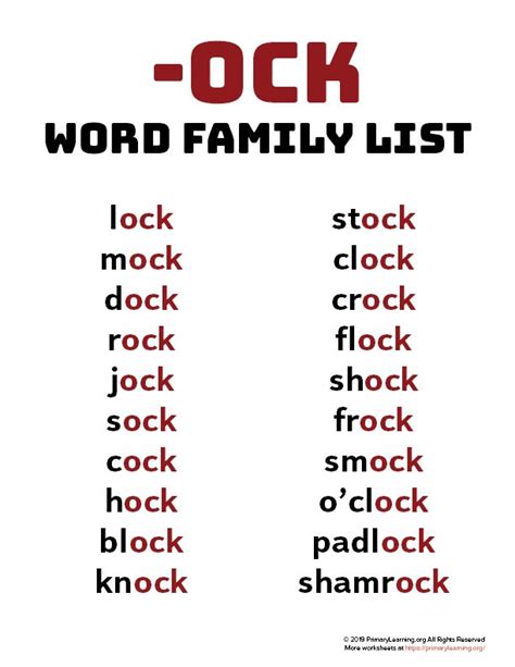 Ock Word Family List Free Pdf Download Education Ock Word Family Worksheet - Ock Word Family Worksheet