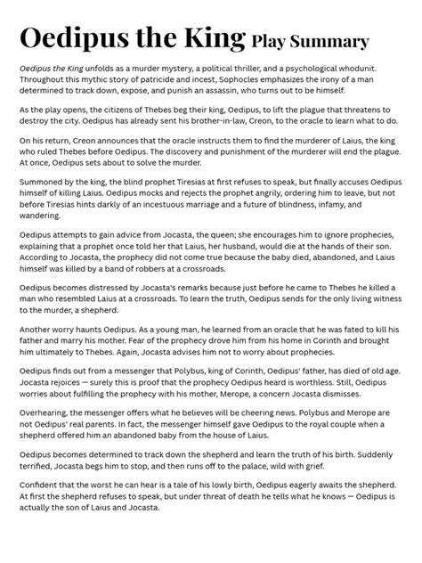 Oedipus The King Summary Sparknotes