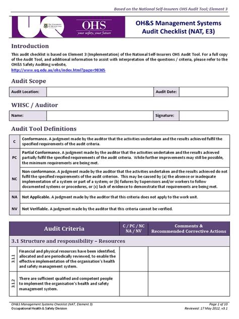 Download Oh S Management Systems Audit Checklist Nat E3 