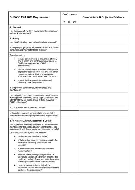 ohsas 18001 audit checklist