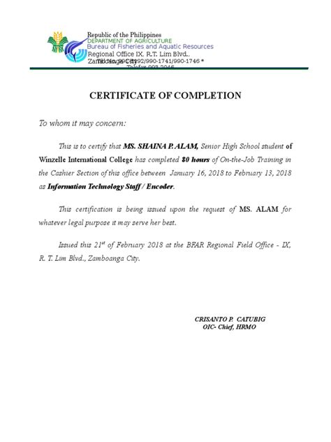 ojt certificate of completion letter sample