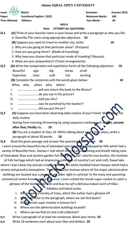 Read Online Old Syllabus Matric Question Papers 
