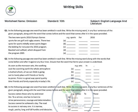 Omission Exercises For Class 10