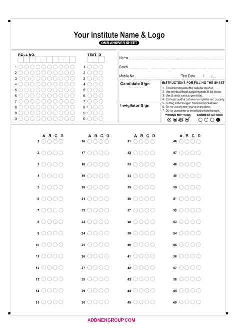 omr answer sheet 60 questions 5 options