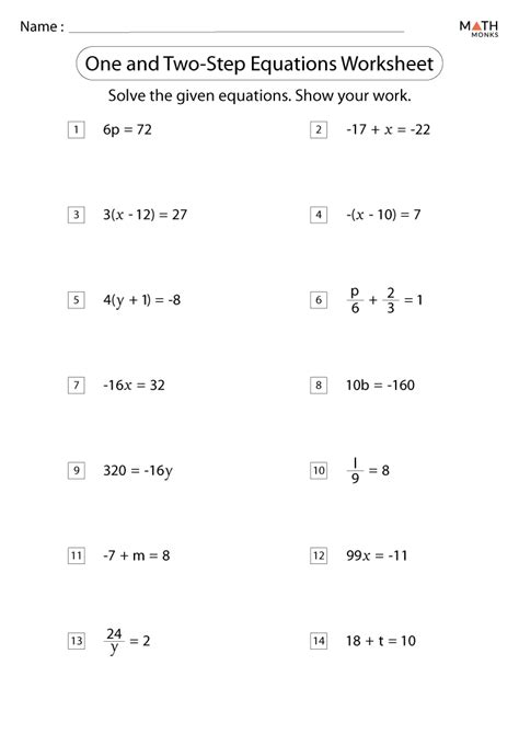 One And Two Step Equations Worksheet