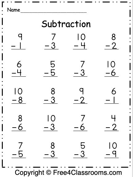 One Digit Subtraction Worksheets 1st