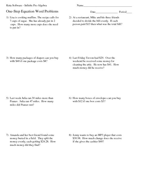 One Step Equation Word Problems Worksheets Math Worksheets One Equations 7th Grade Worksheet - One Equations 7th Grade Worksheet