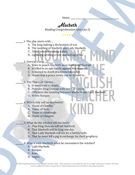 One Word Answer Quiz Macbeth P 222