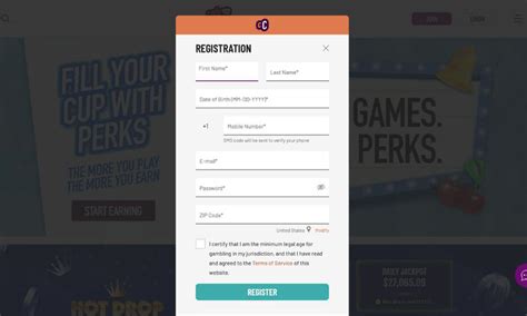 Online casino account registration form on a desktop screen