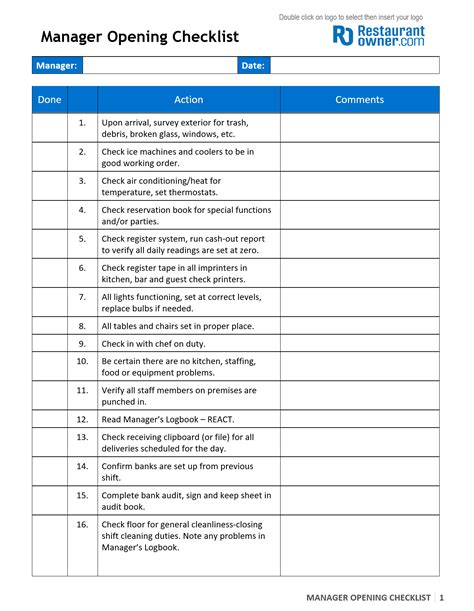 opening and closing checklist for commercial kitchen