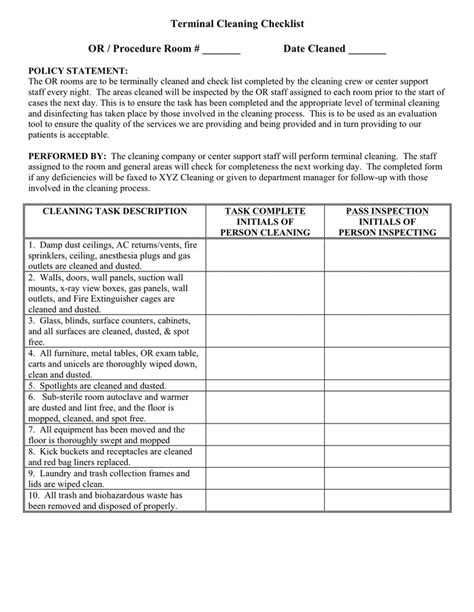 Operating Room Terminal Cleaning Checklist