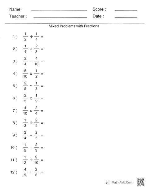 operation with fractions worksheet