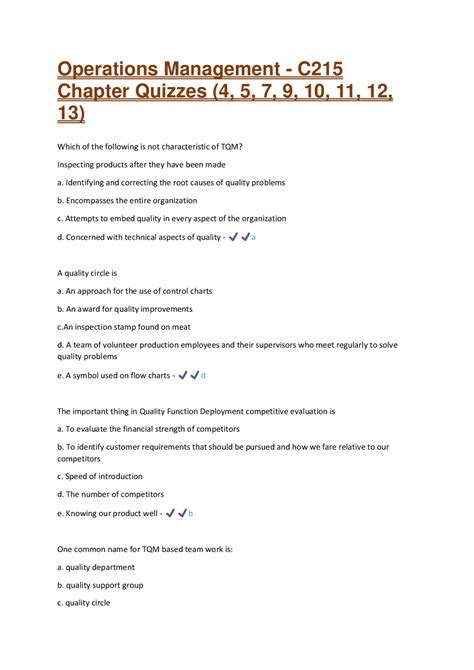 Operations Management Quizzes Answer Solutions