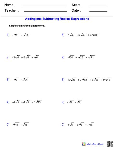 Operations With Radicals Worksheet Addition Of Radicals Worksheet - Addition Of Radicals Worksheet