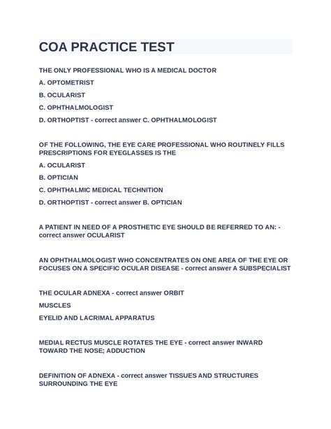 Ophthalmic Assistant Practice Test