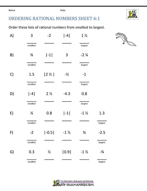 Ordering Rational Numbers Worksheets