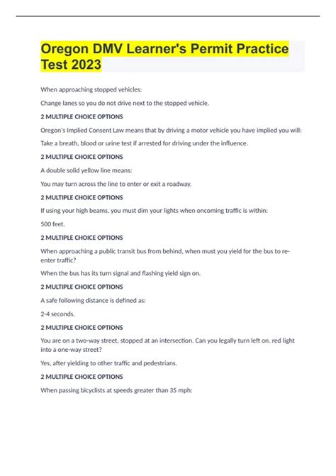 oregon driver's permit practice test