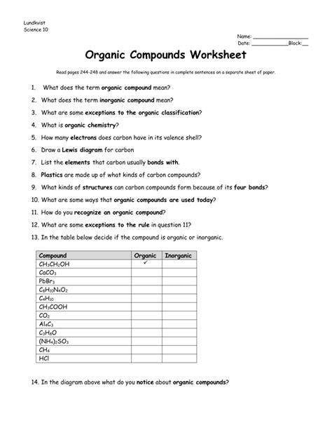 Organic Compounds Worksheet Answers Inorganic Vs Organic Compounds Worksheet Answers - Inorganic Vs.organic Compounds Worksheet Answers