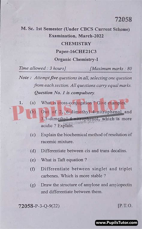 organic question paper in msc chemistry