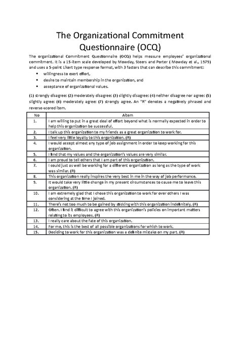 Organisational Commitment Questionnaire