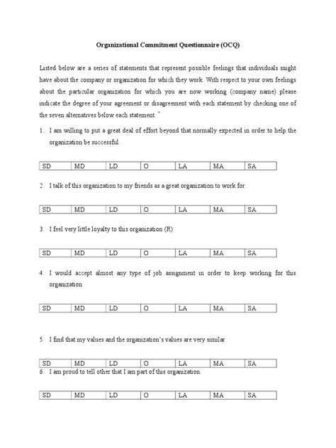 Organizational Commitment Questionnaire Allen And Meyer