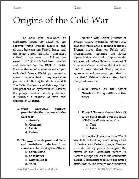 Origins Of The Cold War Reading With Questions Cold War Worksheet Answers - Cold War Worksheet Answers