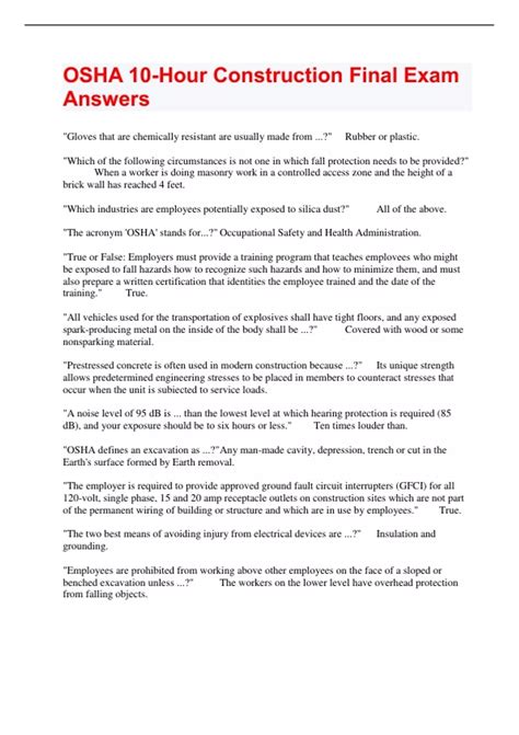 Read Osha 10 Construction Final Exam Answers 