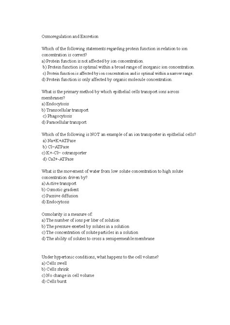 osmoregulation and excretion multiple choice answers