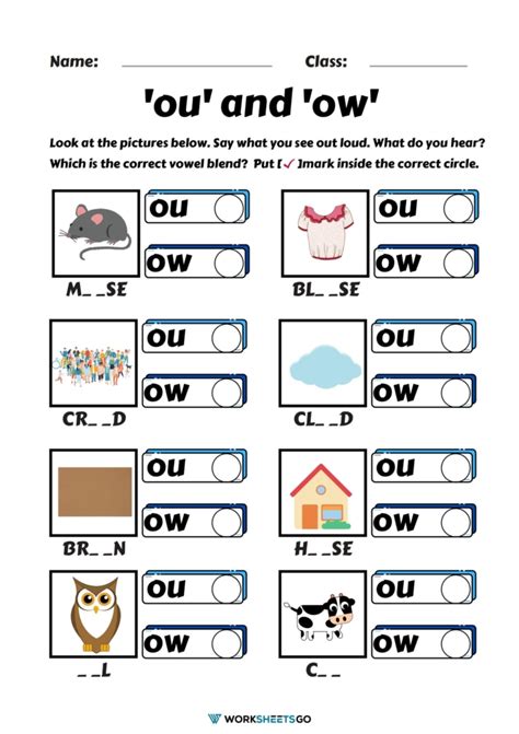Ou Ow Printable Worksheet Learning How To Read Ow Ou Worksheet - Ow Ou Worksheet